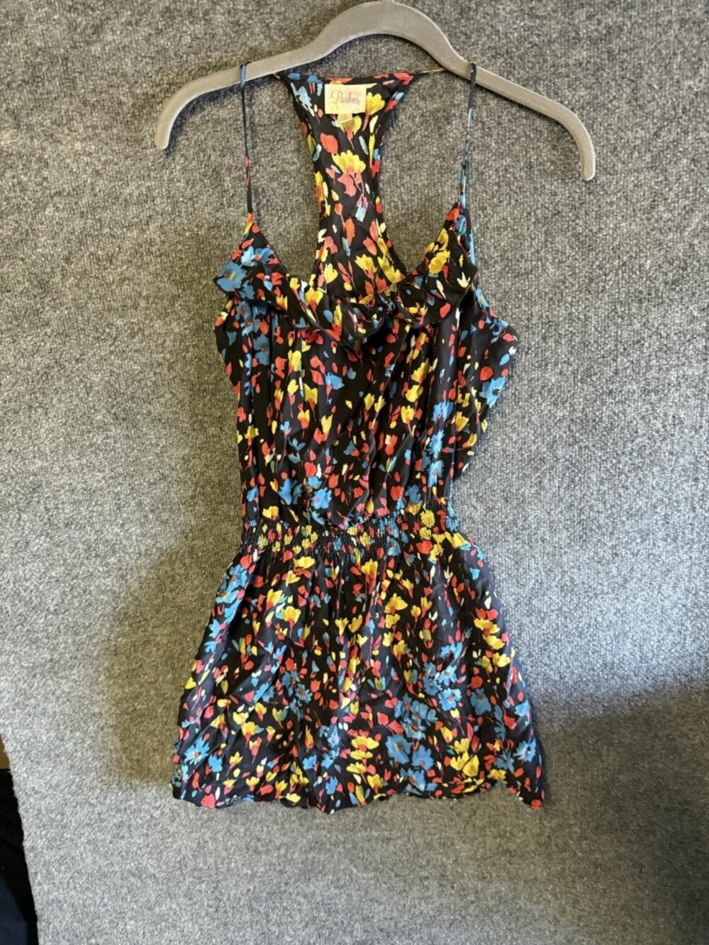 Parker Romper Womens Small Multicolor Floral Sleeveless Ruffle Elastic Waist